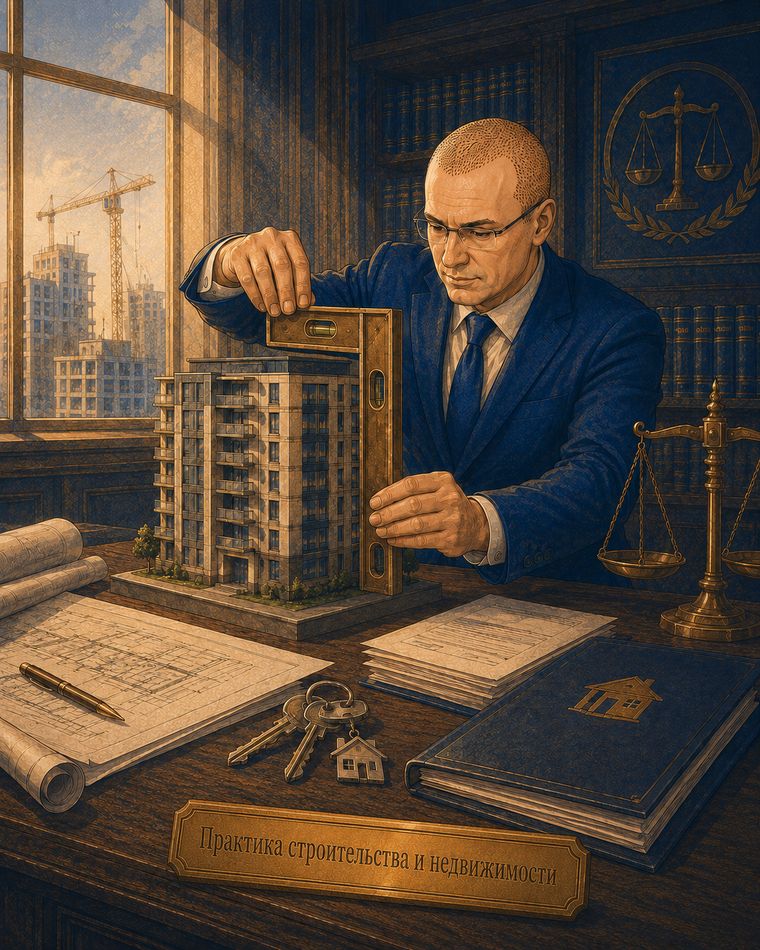 Практика строительства и недвижимости: юрист выверяет угольником макет жилого дома