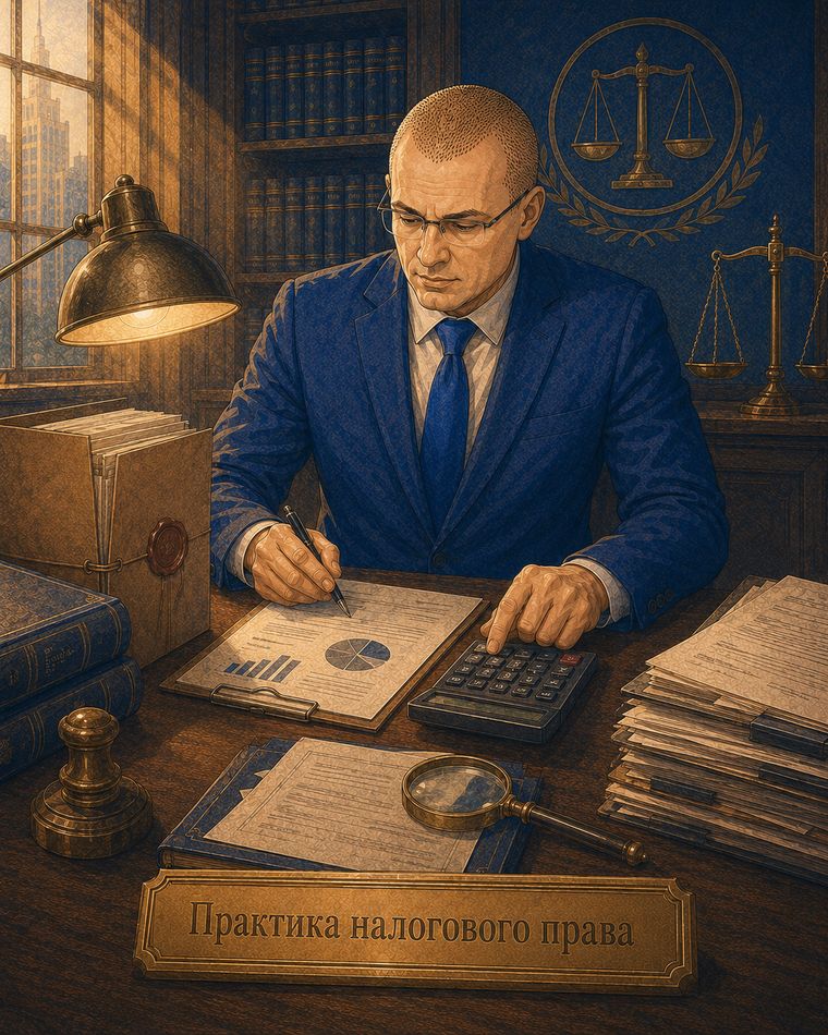 Практика налогового права: юрист за столом с документами, калькулятором и весами правосудия